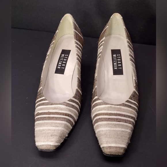 Stuart Weitzman Women's Striped Brown and Cream Heels size 7.5 pre owned - Picture 1 of 11